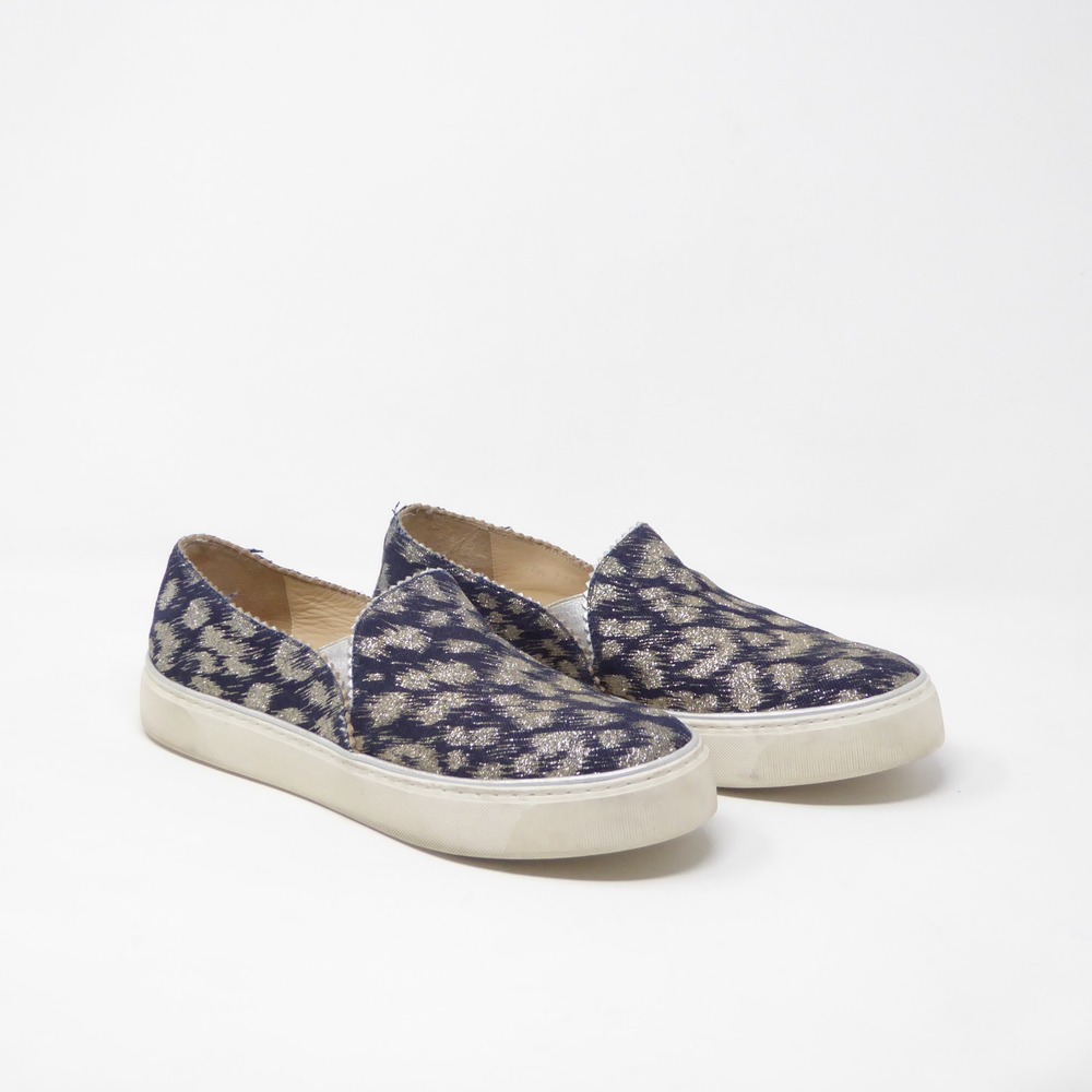 Stuart Weitzman Nugget Women Slip On Sneakers Navy Gold Animal Print Metallic 7M